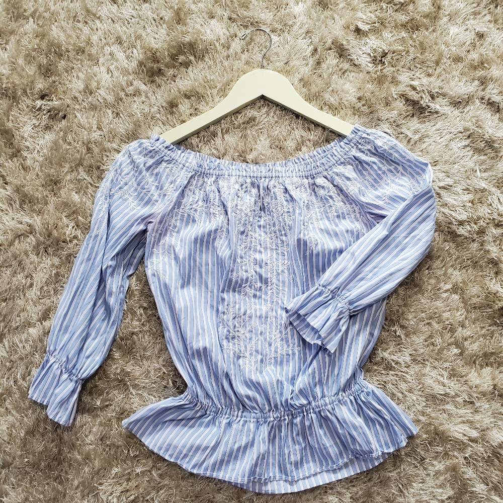 WHBM Off the Shoulder, Stripe White Blue Top